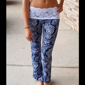 Navy Paisley Lace Waist Yoga Lounge Pants